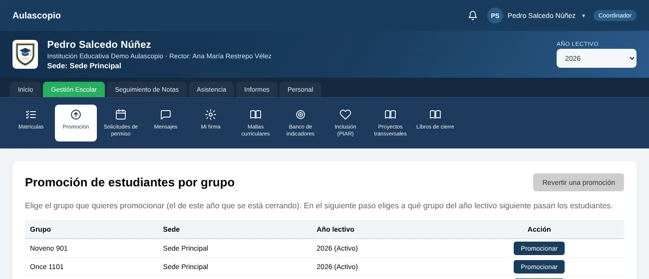 Promoción al año siguiente — pantalla de Aulascopio