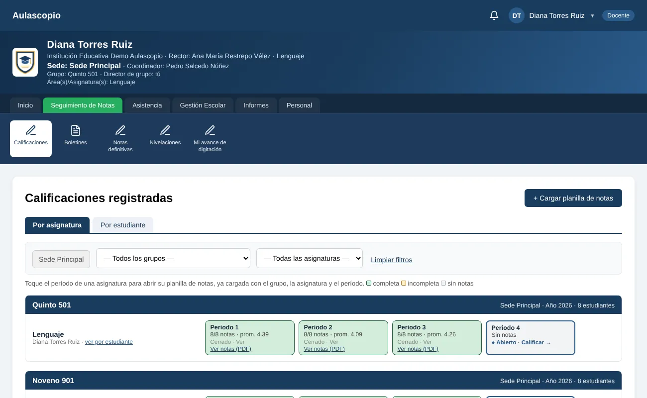 Todo lo calificado, a la vista — pantalla de Aulascopio
