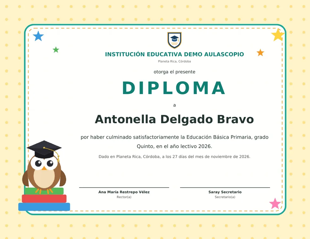 Diploma infantil generado por la plataforma