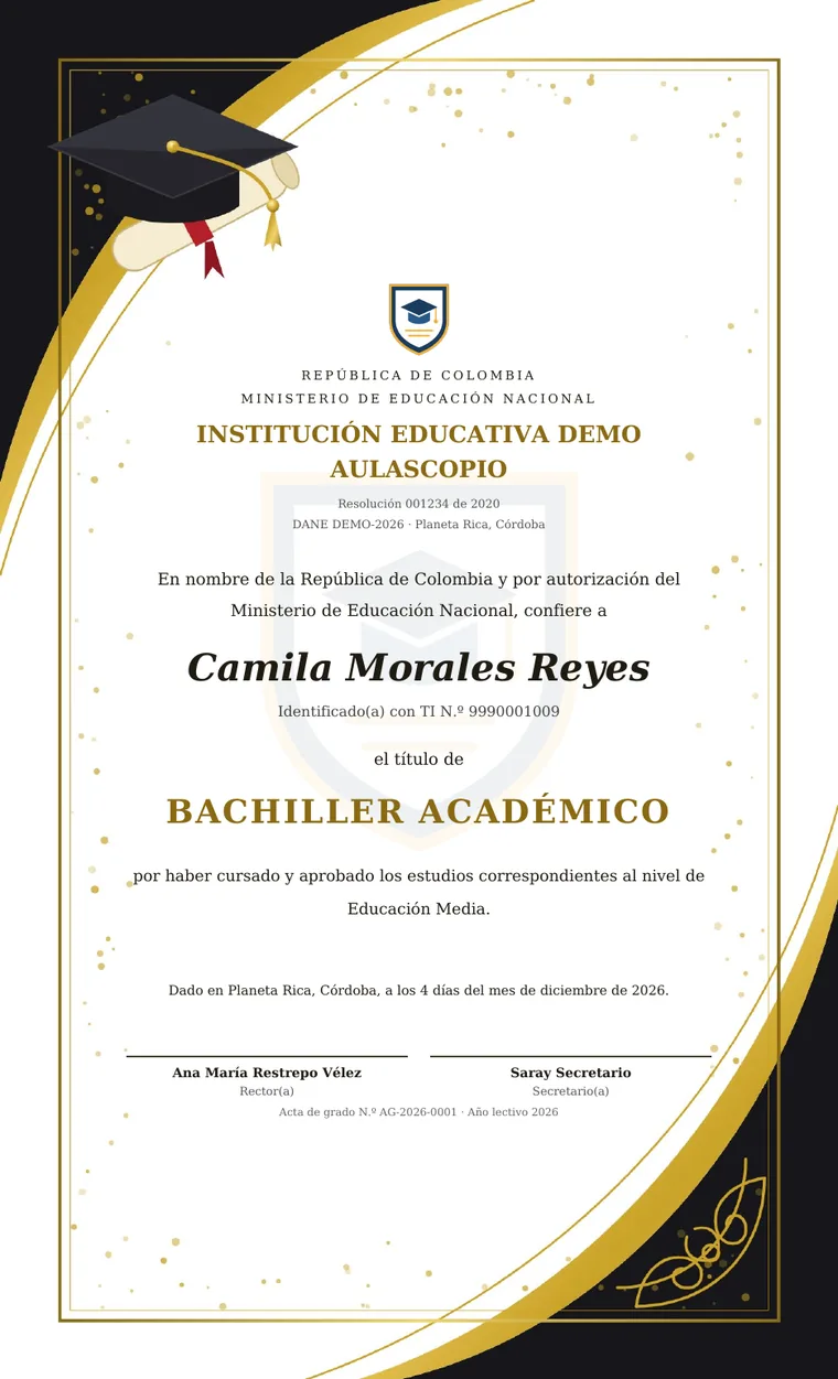 Diploma de bachiller generado por la plataforma