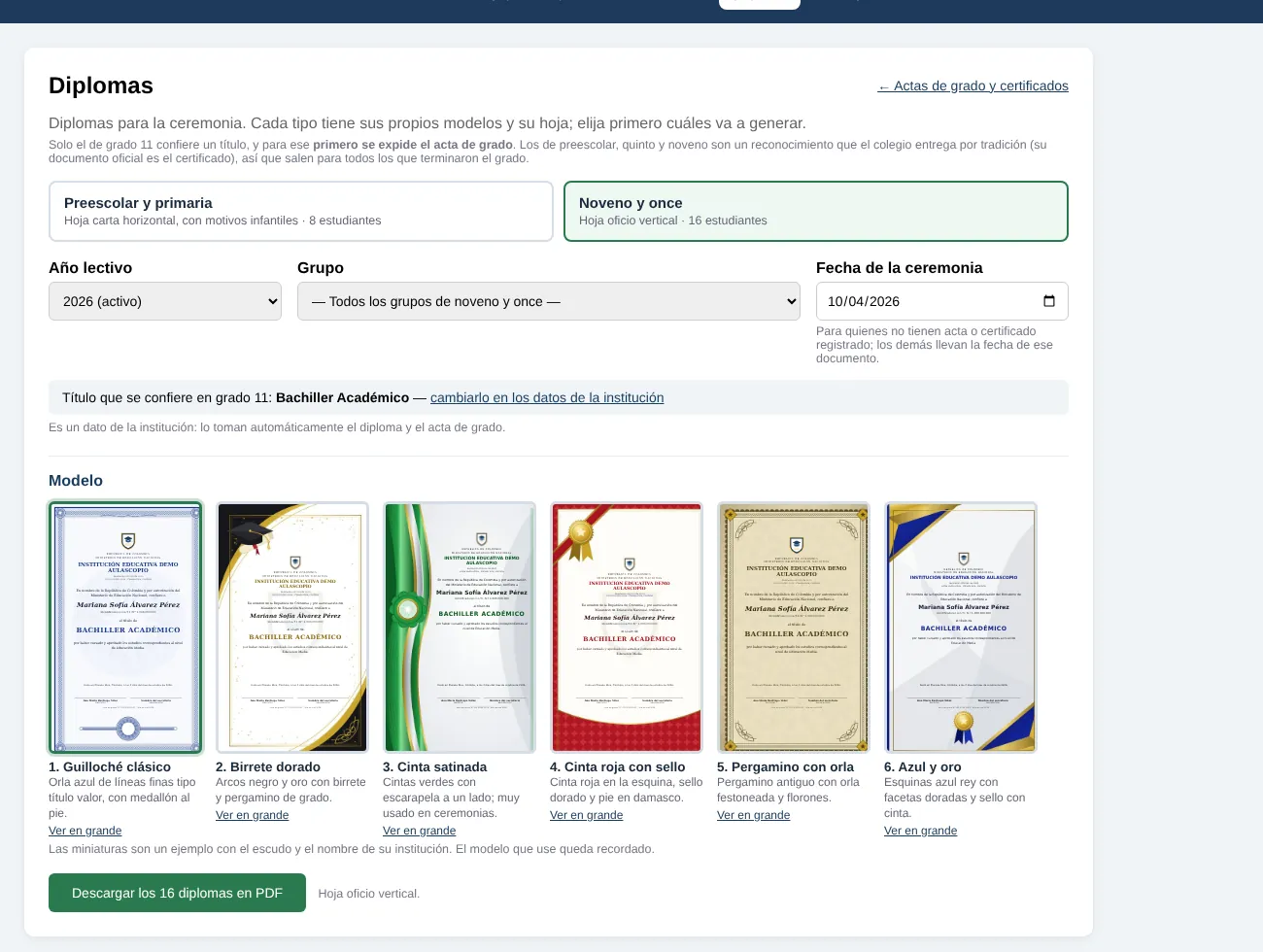 Diplomas para transición, quinto, noveno y once — pantalla de Aulascopio