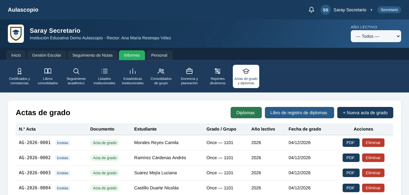 Actas de grado y certificados — pantalla de Aulascopio